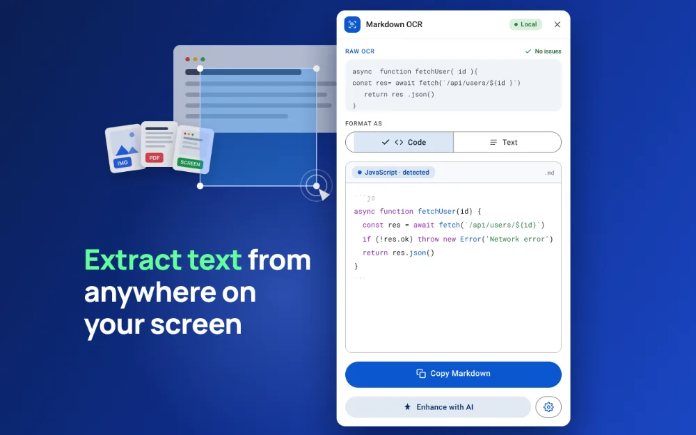 Расширение Picture to text: распознанный со скриншота код и форматирование результата в Markdown